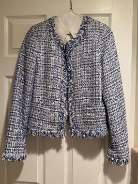 Carolina Belle Blue and White Tweed Fringe Jacket